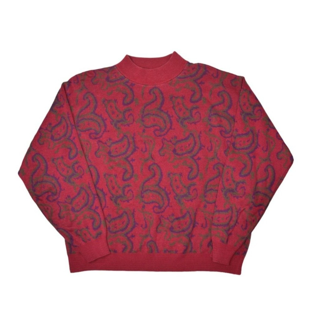 Heirlooms Classics Sweater Womens Large Red Paisley Floral Print Cotton Mock